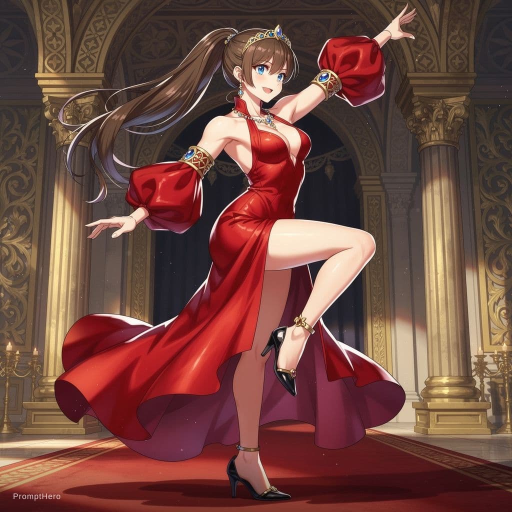 AI generated: A masterpiece, highly detailed anime-style digital illustration. Worm-eye shot of a beautiful, confi...