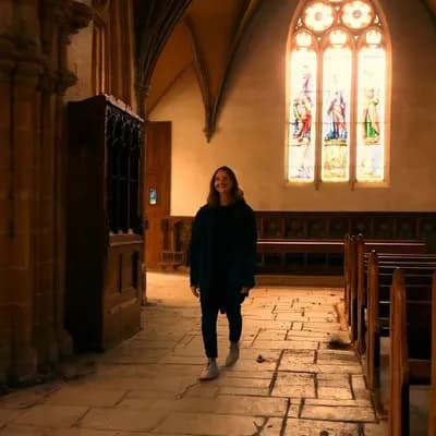 AI generated video: Scenes: entering an empty church, smiling with hope.  Visual style: warm, reflective, cinematic, wit...