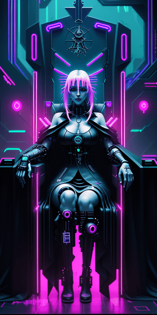 AI generated: Cyberpunk the high priestess Tarot Card, , High Contrast, Neon, Cyberpunk, Futuristic, Sci Fi, Borde...