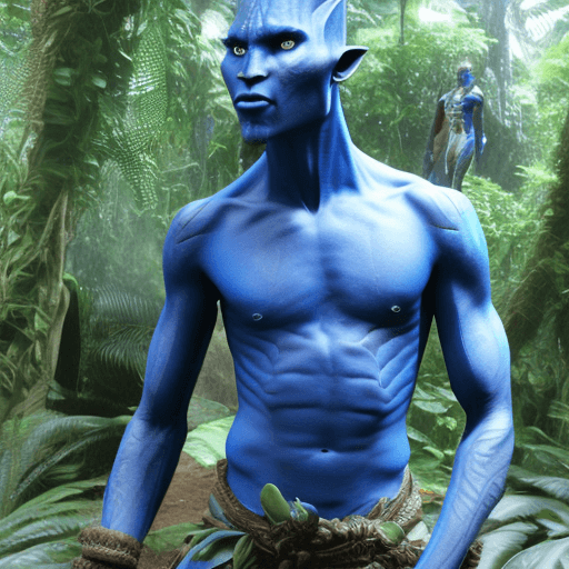 AI generated: Male omaticaya Na'vi from James Cameron's avatar movie, blue skin, adult, Avatar 2009