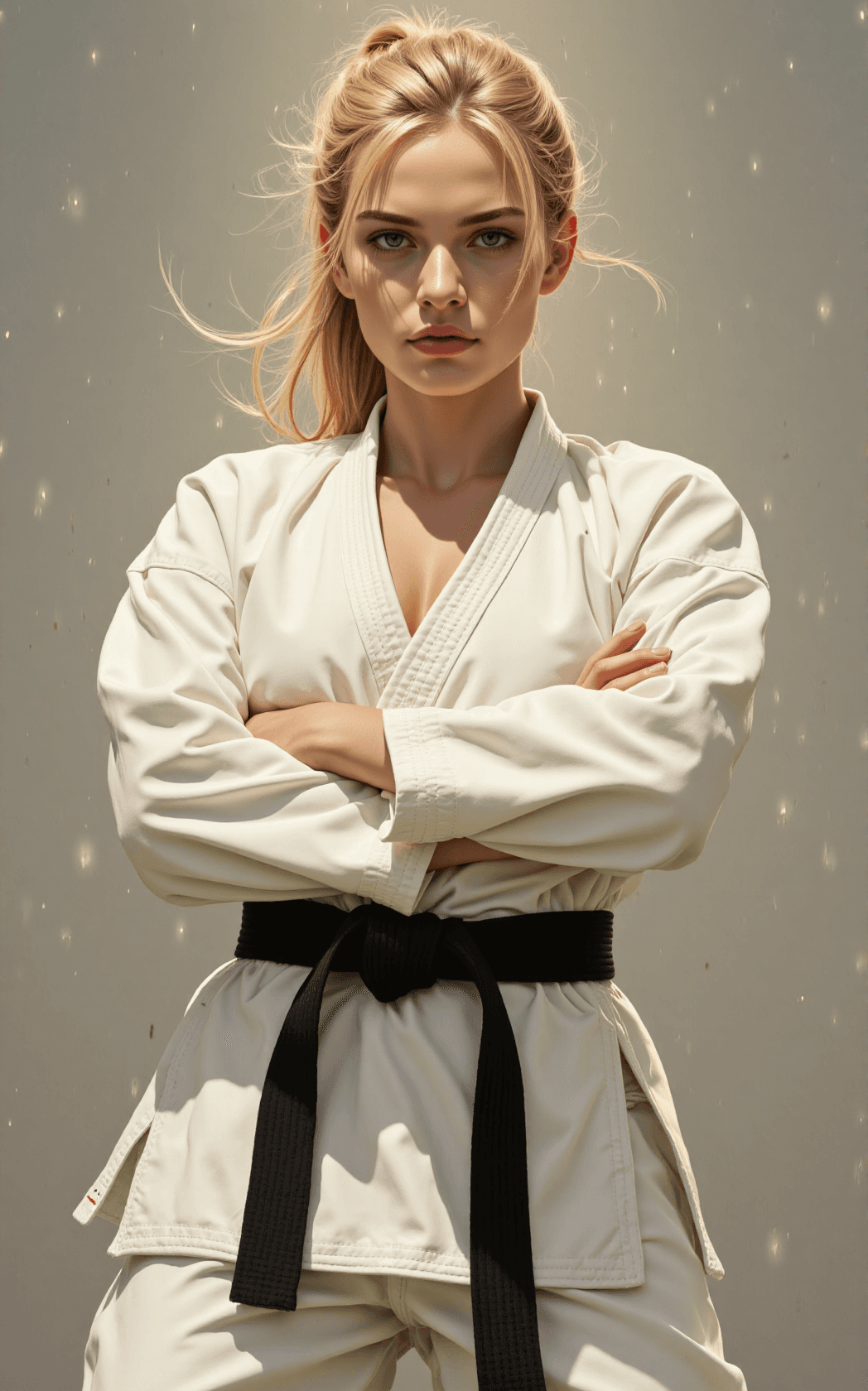 AI generated: A determined female martial artist stands at the center, her athletic build accentuated by a lean, t...