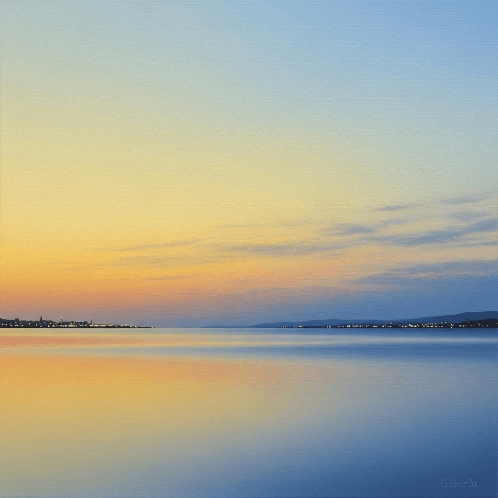 AI generated: 
A minimalist landscape oil painting of a wide, calm seascape at dusk. The sky is softly blended wi...