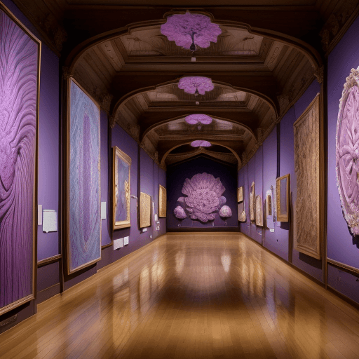 AI generated: A vast, well-lit exhibition hall inside a museum, with four large, ornately carved wooden frames mou...