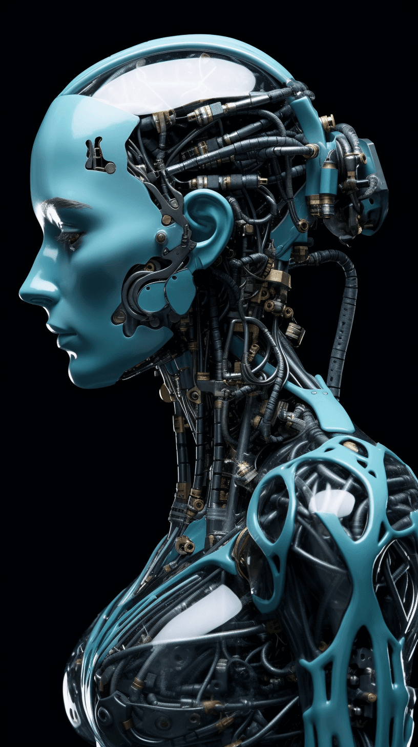 AI generated: the face of a humanlike android, in the style of x-ray film, feminine body, dark cyan and black, gra...