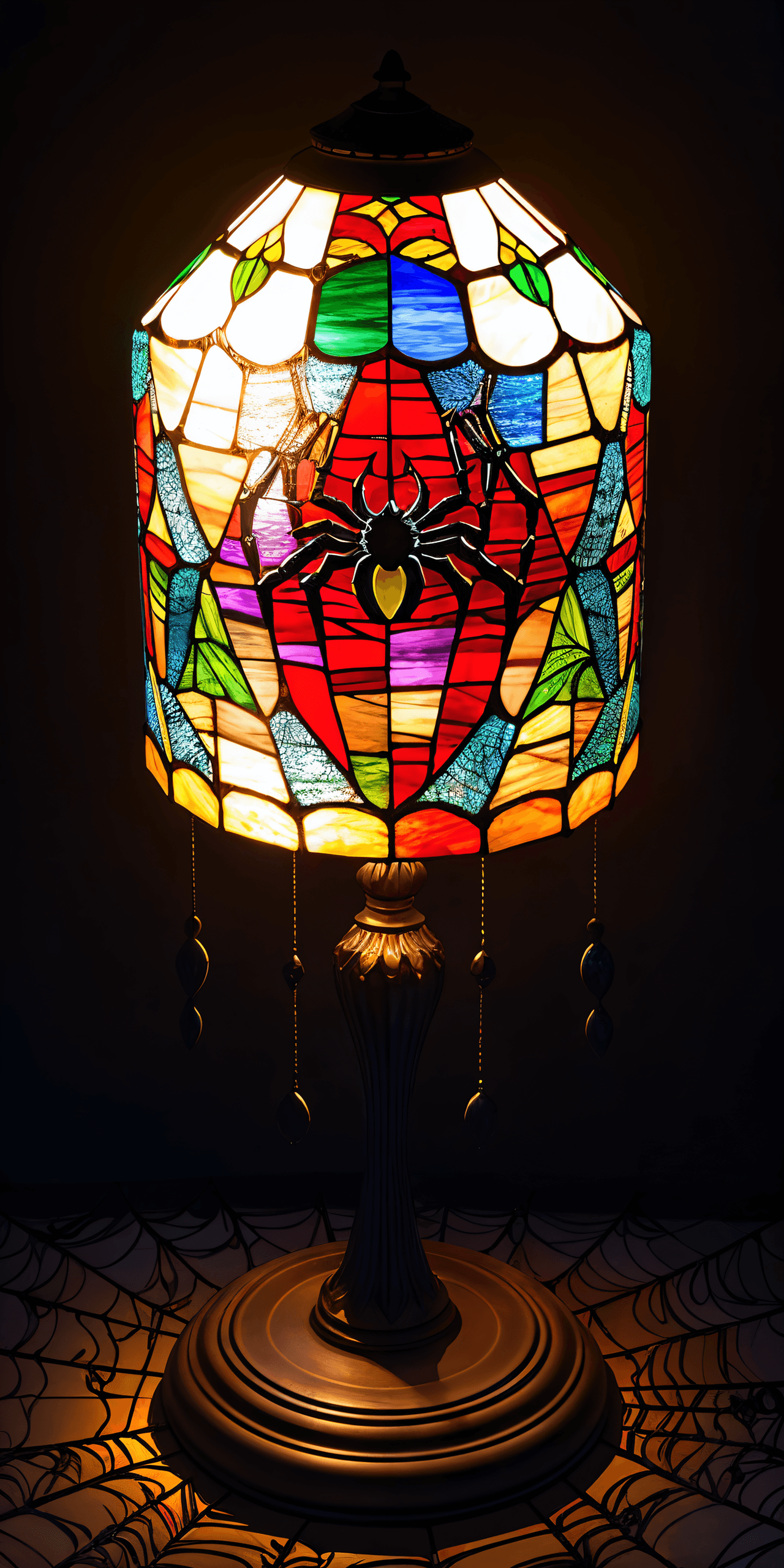 AI generated: Tiffany style, (Stained glass lamp:1.1), (spider web pattern:1.3), Extreme Detail, very ornate, spoo...