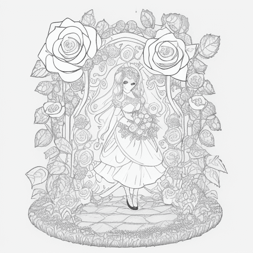 AI generated:  A magical Garden coloring page, with a big beautiful rose, all well detailed, black lines white bac...