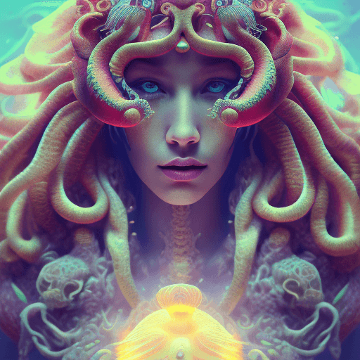 AI generated: Goddess close-up portrait ribcagel. jellyfish phoenix head, nautilus, orchid, skull, betta fish, bio...