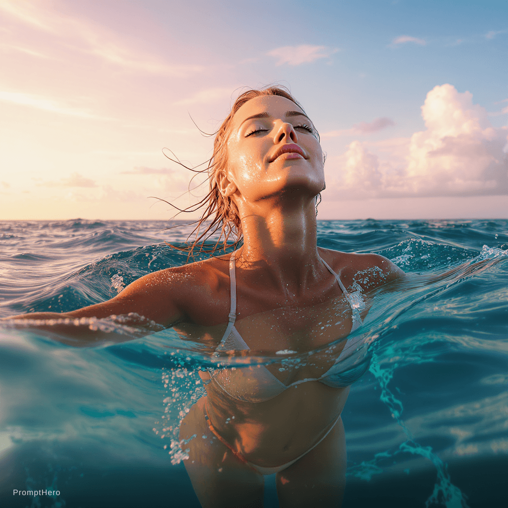 AI generated: A fit adult female is captured from a slightly low angle, her face tilted upward towards the sky as ...
