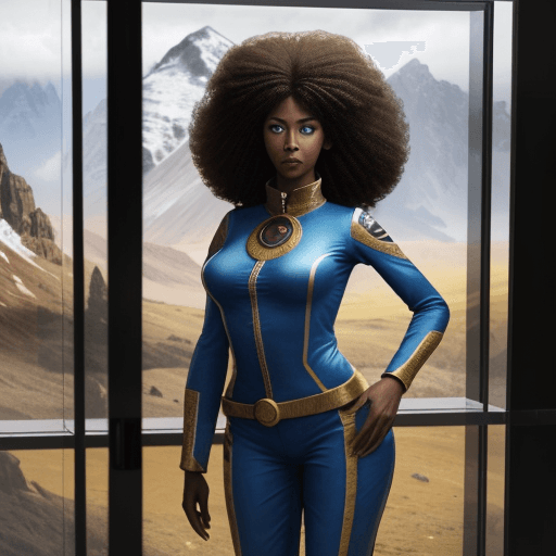 AI generated: Photo of a realistic afro women full body with blue eyes long vet hair and vet body behind glass is ...