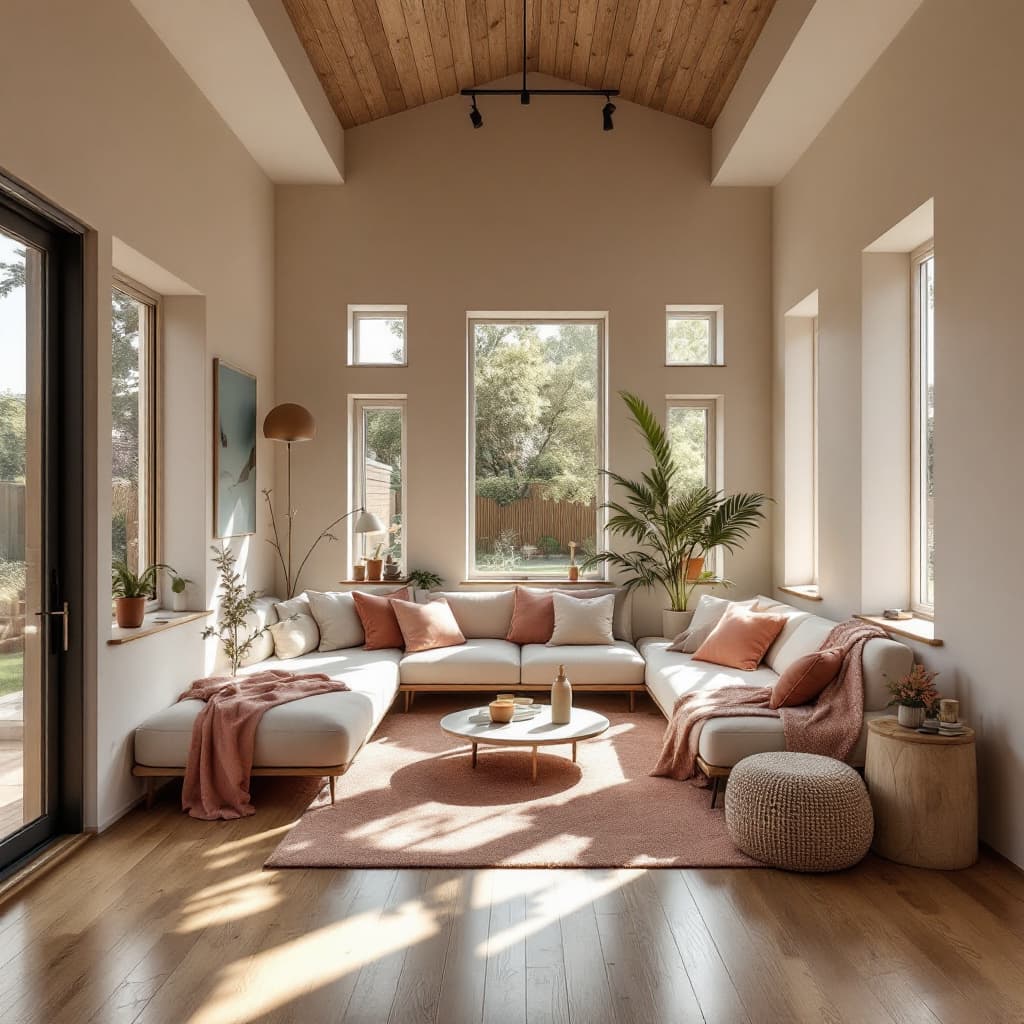 AI generated: High resolution photography interior design, dreamy sunken living room conversation pit, wooden floo...