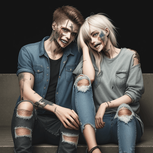 AI generated: Couple wearing ripped jeans and scars on their faces