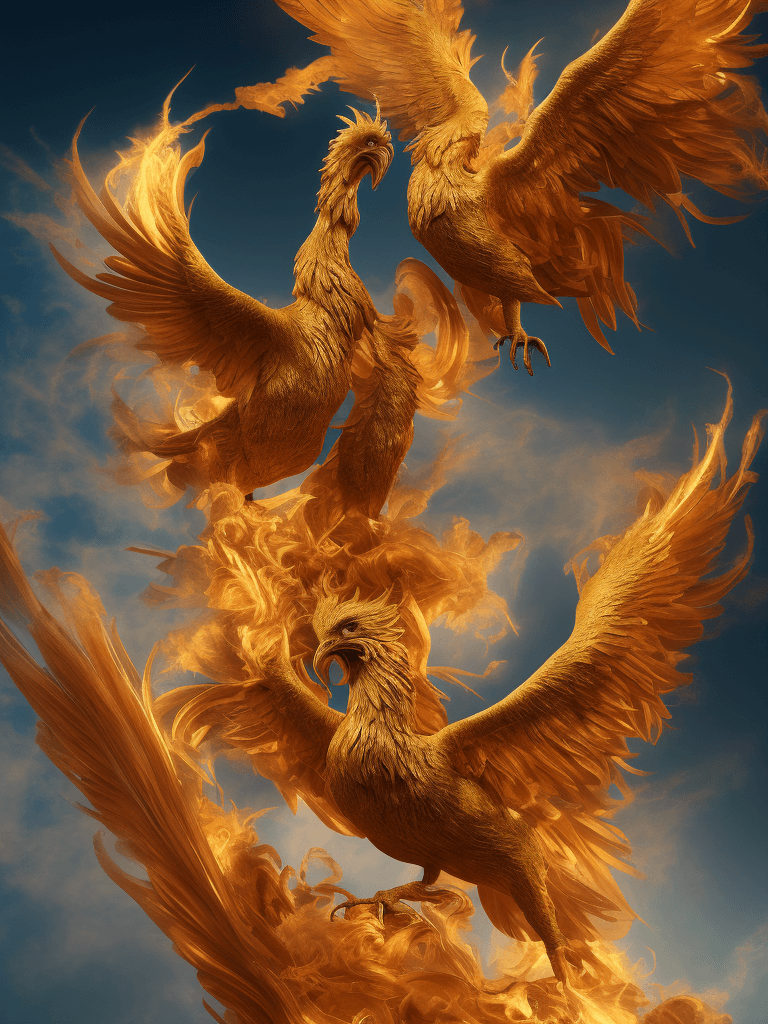 AI generated: A majestic phoenix with vibrant plumage, its fiery wings spread wide, golden feathers illuminating a...