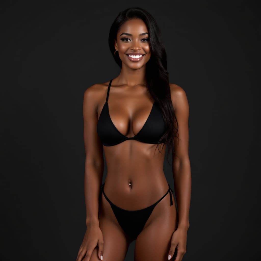 AI generated: a professional photograph of a black woman standing, smiling, and giving a pose into the camera. She...