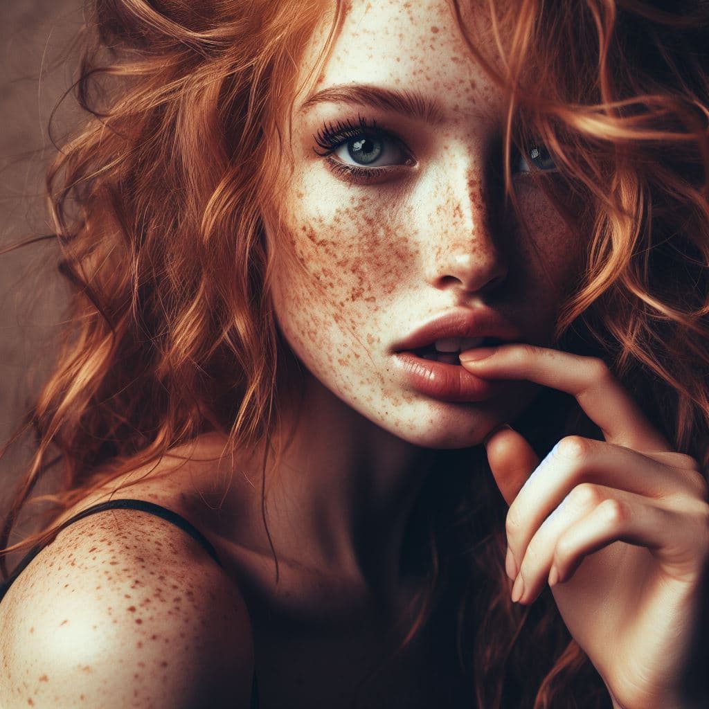 AI generated: grunge style photograph of ginger female instagram model close up, beautiful, long curly hair, notic...