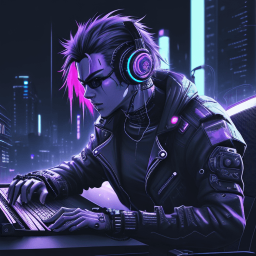 AI generated: Cyberpunk style male, typing on keyboard, wearing headphones, looking towards viewer, active pose, a...
