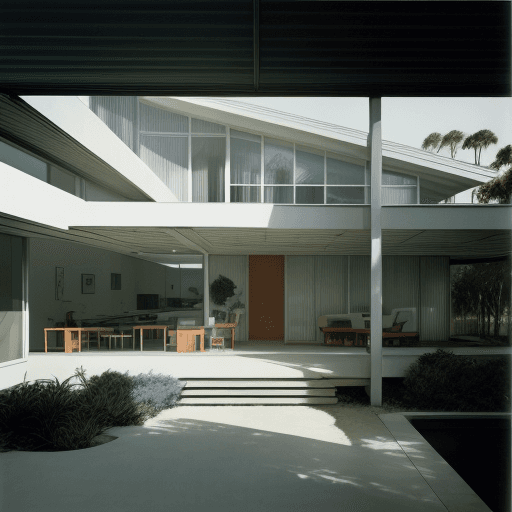 AI generated: Hyper realistic eye level exterior photo of a mid century modern style house overlooking the ocean, ...