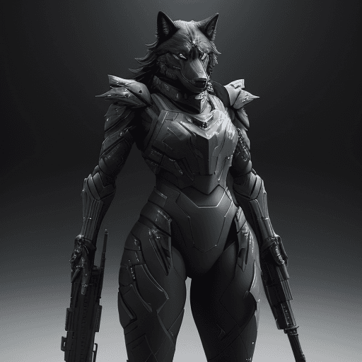 AI generated: Agile black wolf soldier character, anthropomorphic figure, wearing futuristic soldier armor and wea...