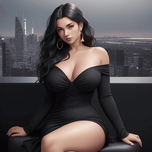 AI generated: The woman is seated with one leg crossed over the other, highlighting the curves of her calves. She ...