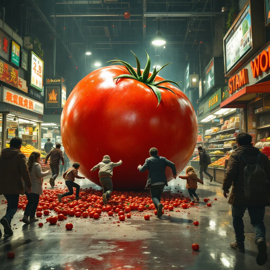 AI generated: a giant tomatoe on the ground chasing after people store ,  the customers are running panicked