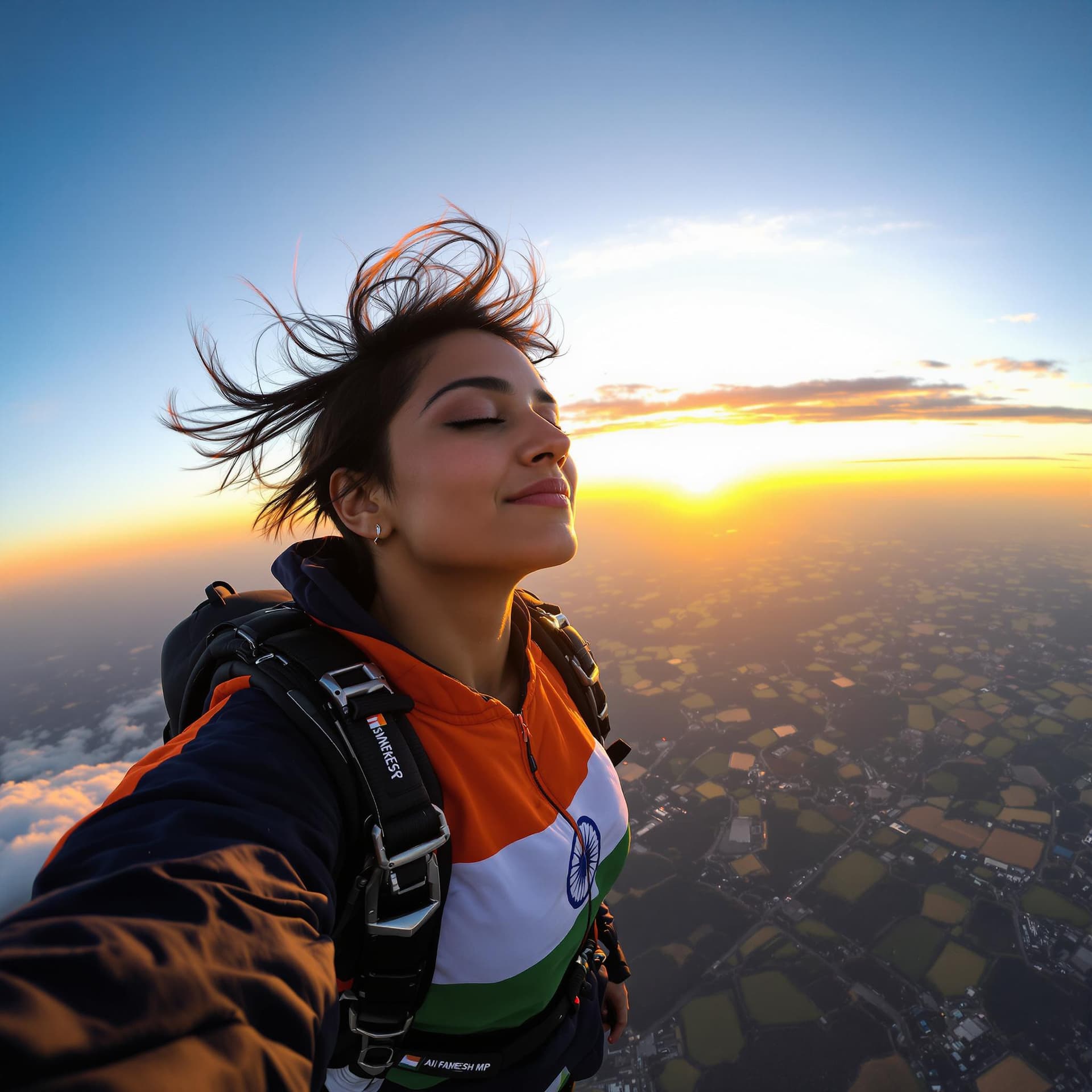 AI generated: A 32-year-old Indian woman with short, wind-swept hair, captured in mid-air during a skydive. Her fa...