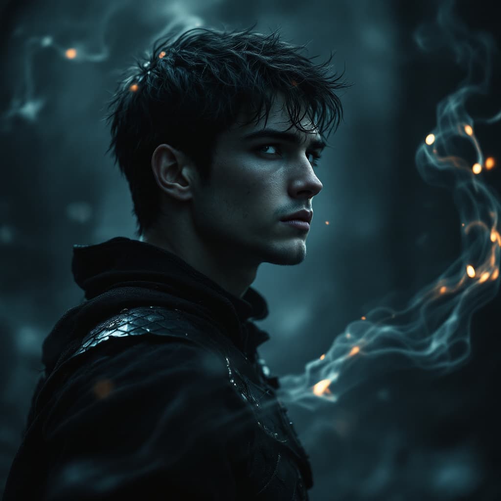AI generated: A young man with sharp facial features, short dark hair, and deep, expressive eyes stands alone in d...