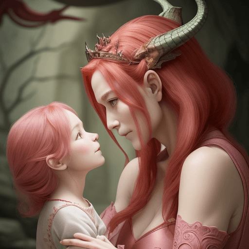 AI generated: the dragon and the princess. The dragon is pink. The princess has shoulder length red hair and is in...