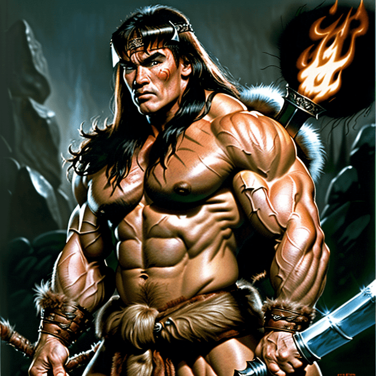 AI generated: conan the barbarian as arnold schwarzenegger, muscular, rugged, fur pelt, aggressive, battle pose, h...