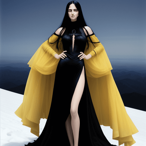 AI generated: beautiful yellow eyes model with long black hair and femenin features standing on a mountain wearing...