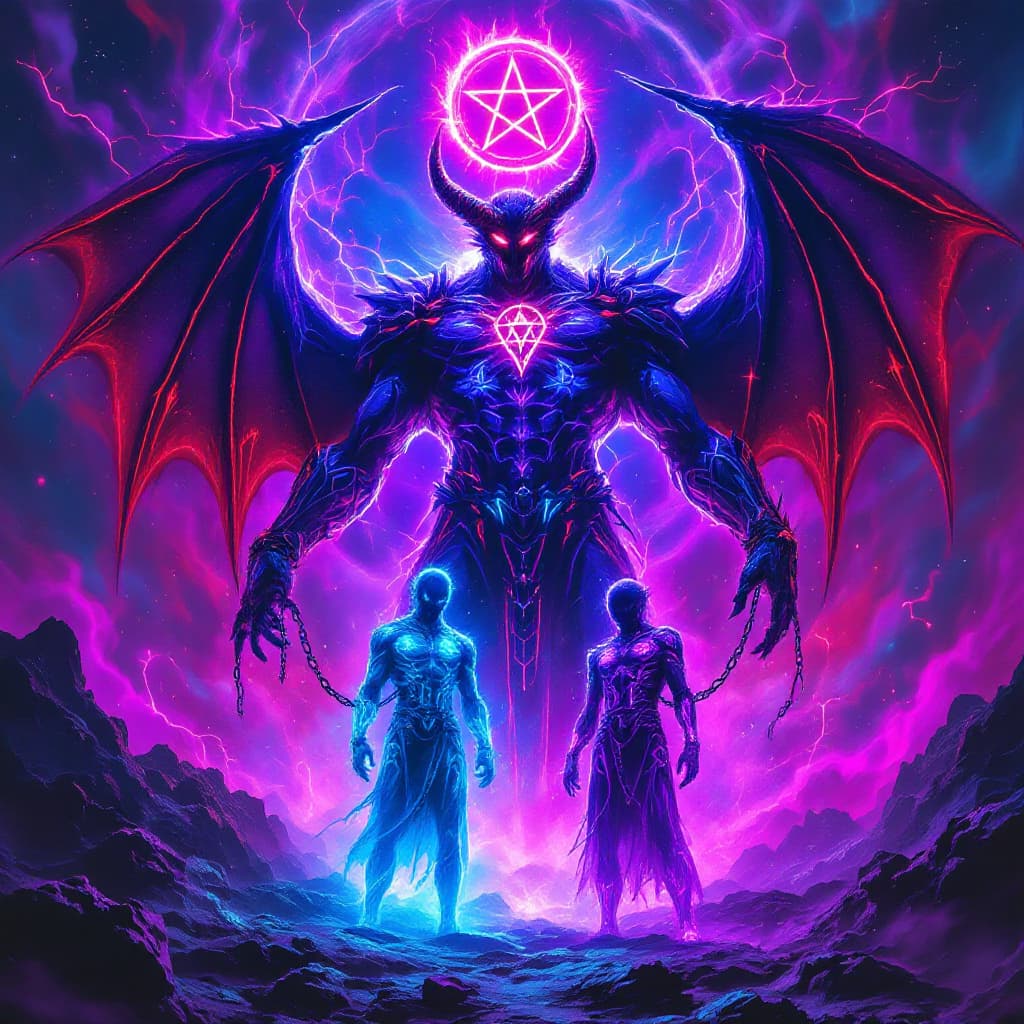 AI generated: “The Devil’s Neon Dominion” – A towering, horned figure emerges from a swirling neon abyss, his form...