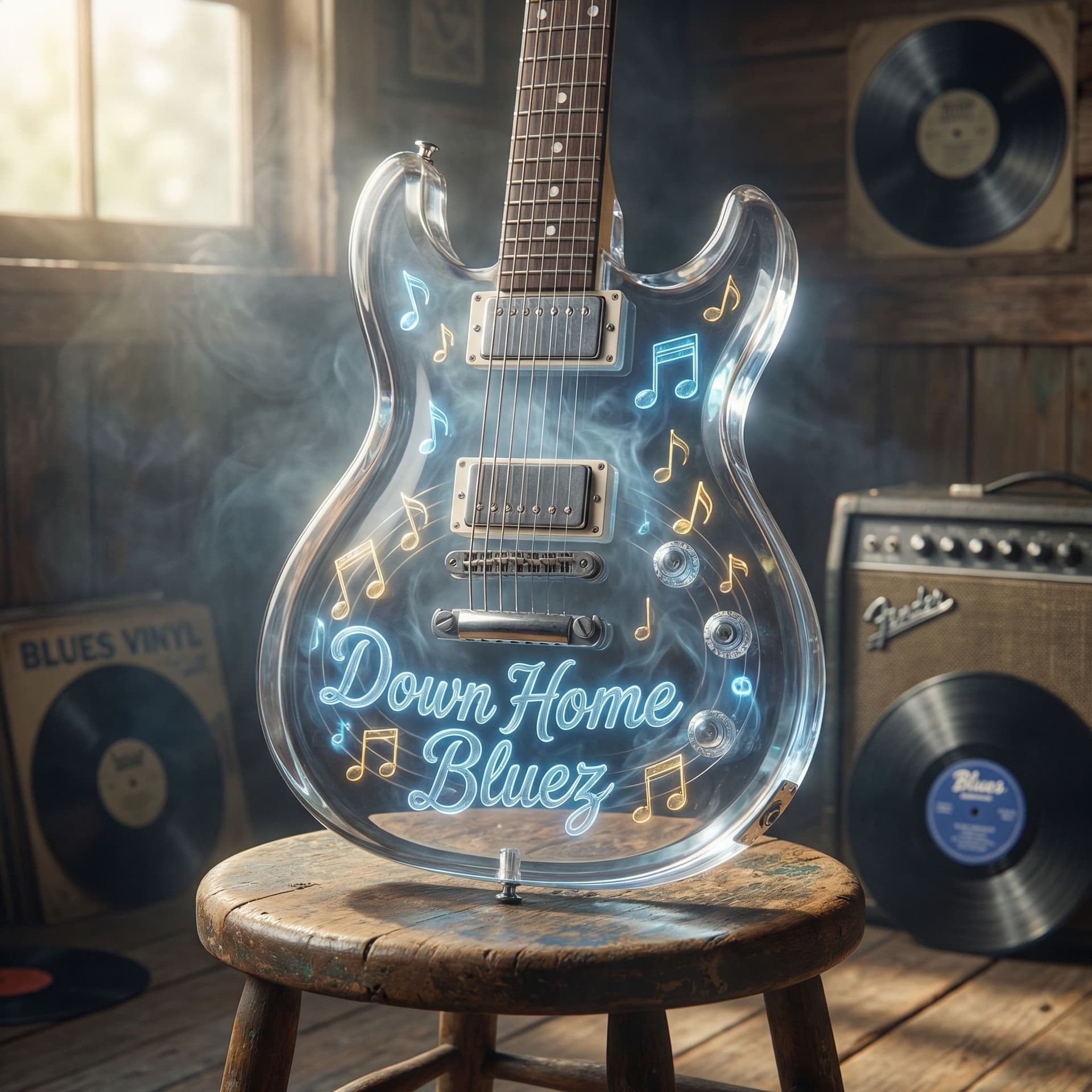 AI generated: 4K HD crystal clear guitar with musical notes floating inside with the text 'Down Home Bluez'