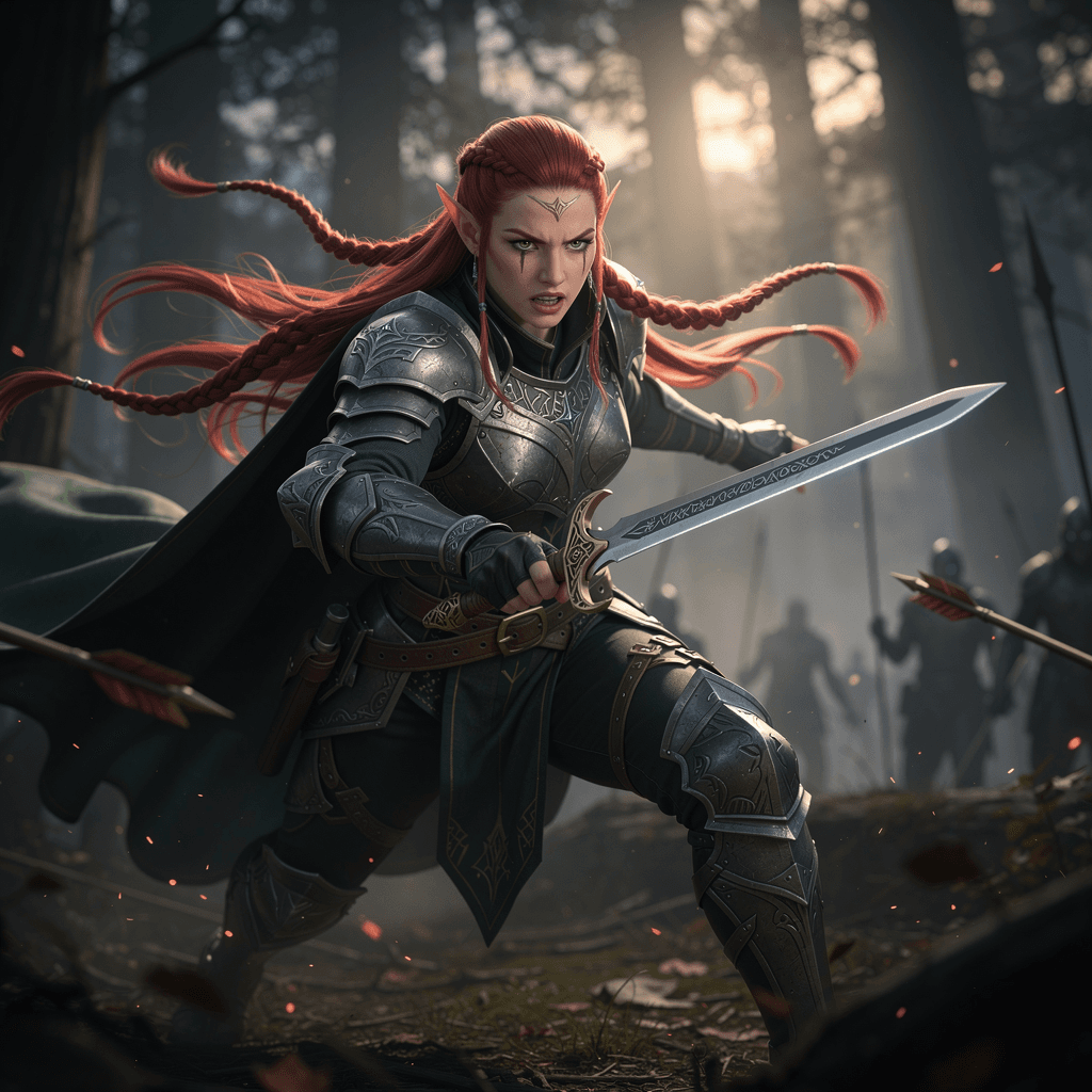 AI generated: cinamatic motion picture, An elf ranger on the attack,green eyes, long red fluid  braids cascading o...