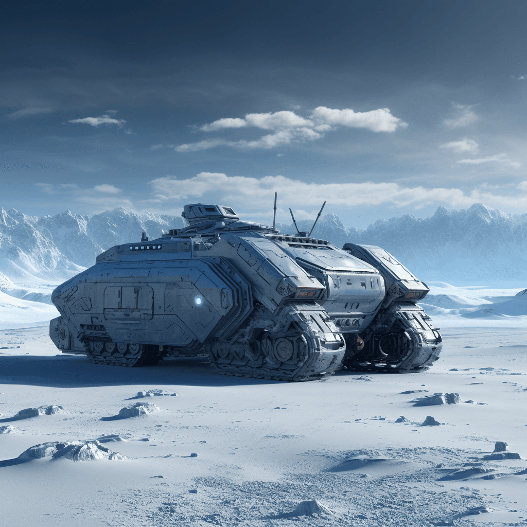 AI generated: armored vehicle rolling across a frozen plain on an alien planet --v 5.2