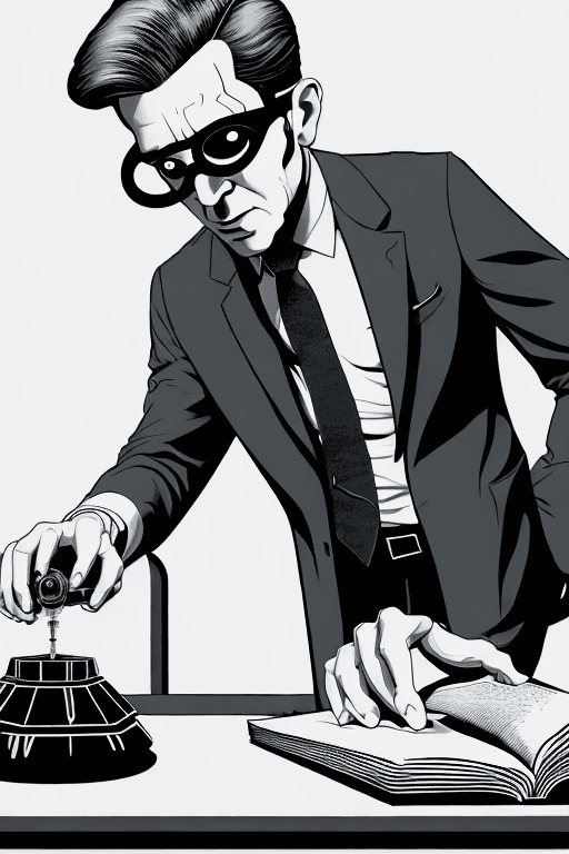 AI generated: A shockingly detailed monochromatic vector illustration of "Mr. Wolfe" examining a strange and other...