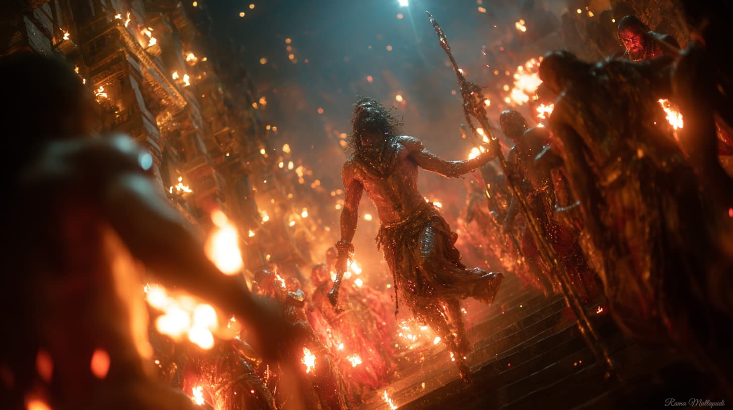 AI generated: A fierce Indian sadhu, ash-covered with glowing eyes, dancing and shouting "Shiva!" with veins bulgi...