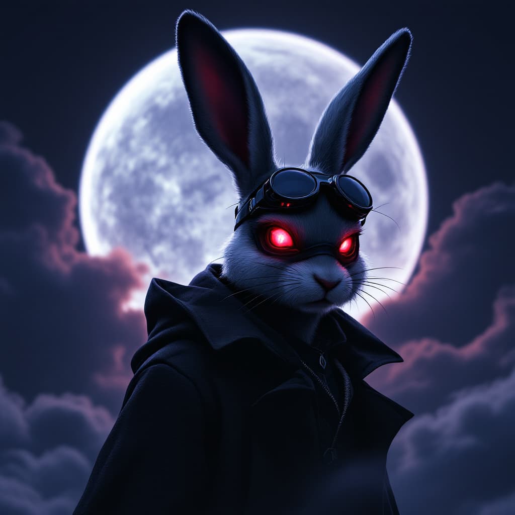 AI generated: an anthropomorphic rabbit with red eyes anda black mask, in the style of hyper-realistic portraiture...