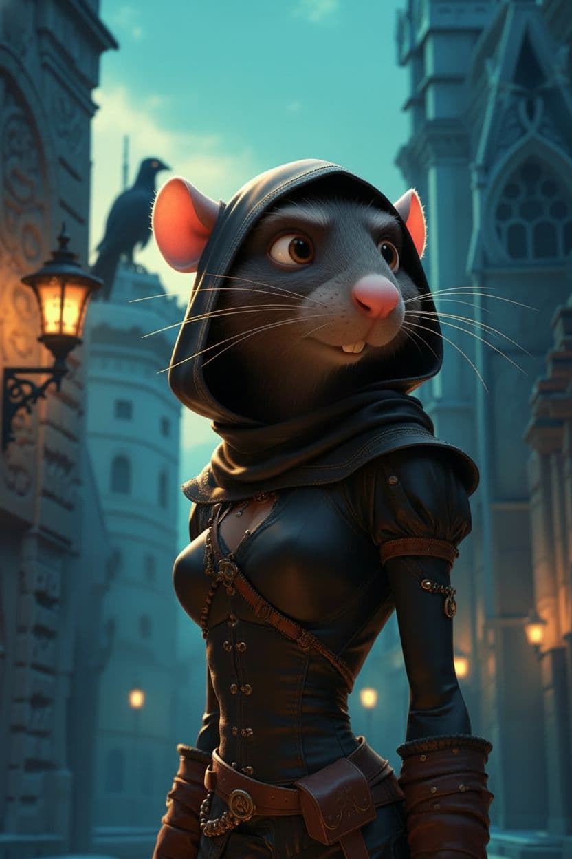 AI generated: anthropomorphic rat hooded thief in the 3d Pixar Disney art style, medieval, blurred town in backgro...