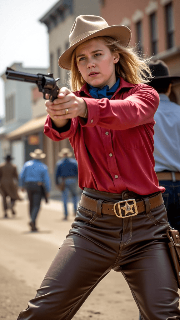AI generated: A high-action professional photograph, 9:16 portrait aspect ratio, of Calamity Jane Monroe (around 2...