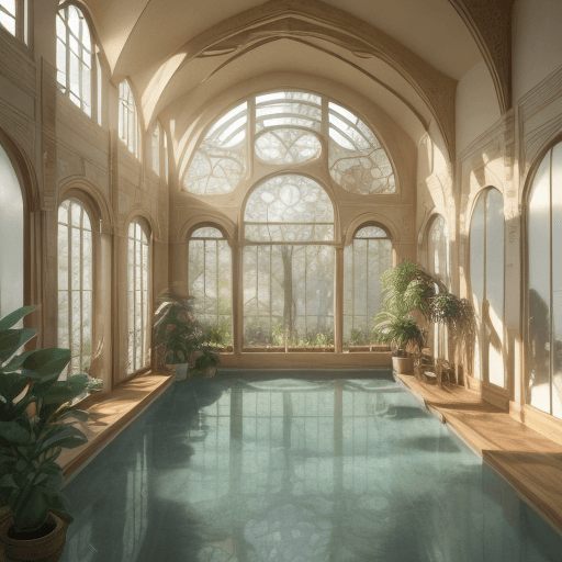 AI generated: High resolution photography interior design, dreamy yoga studio, biophilia, arch windows, water, ful...
