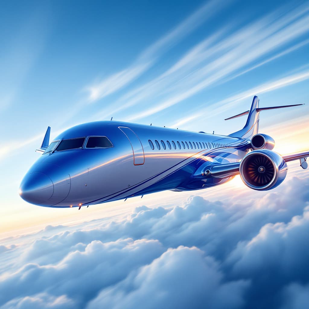 AI generated: "Um avião elegante e moderno, de corpo azul-escuro brilhante com linhas brancas, voando em altíssima...