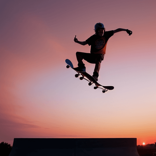 AI generated: image of a skateboarder performing a trick at sunset, backdrop features a brilliant pink and orange ...