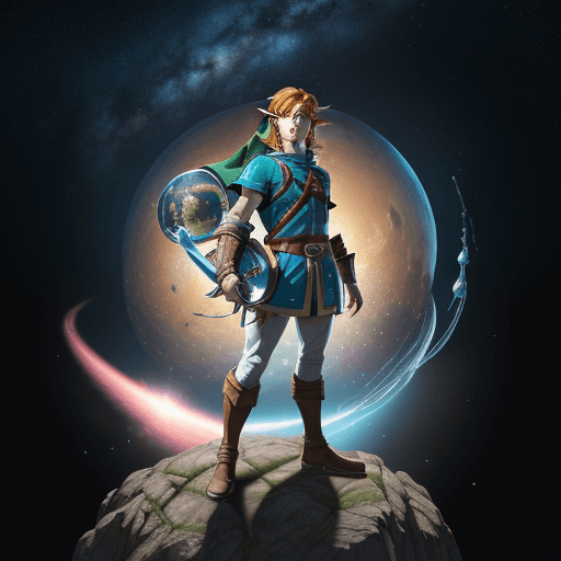 AI generated: Full body portrait of cindirella character, Hyper realistic Link, Link standing in front of a big ma...