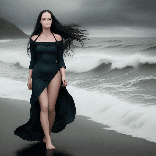 AI generated: Photo of a young woman with very long dark hair until toes as a dress, on a seaside, dark and cloudy...