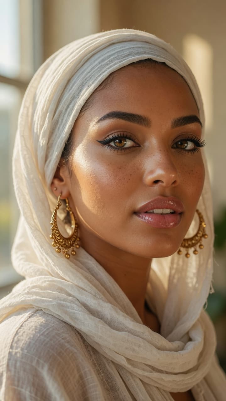 AI generated: Ultra-realistic close-up portrait of a stunning woman with warm golden-brown skin, flawless yet high...
