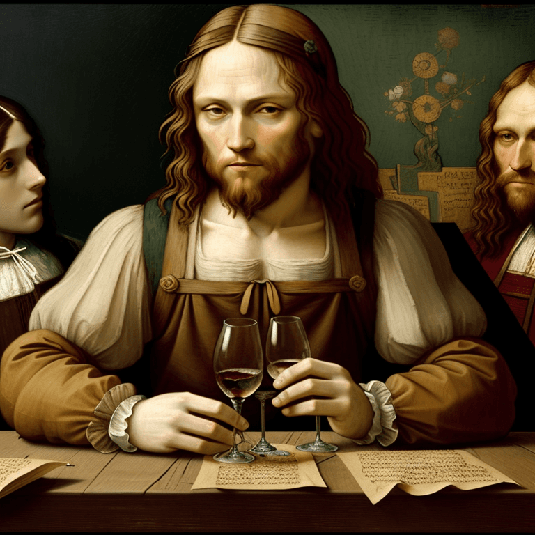 AI generated: Leonardo da Vinci as Renaissance man and van Gogh from 18th century sit at the table in the French t...