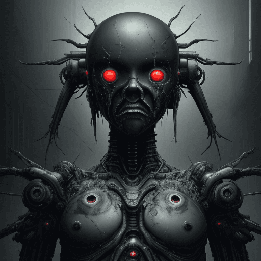 AI generated: artistic, oil painting, front view, upper body, heavy brushed, sci-fi, bizarre mechanical human, gaz...