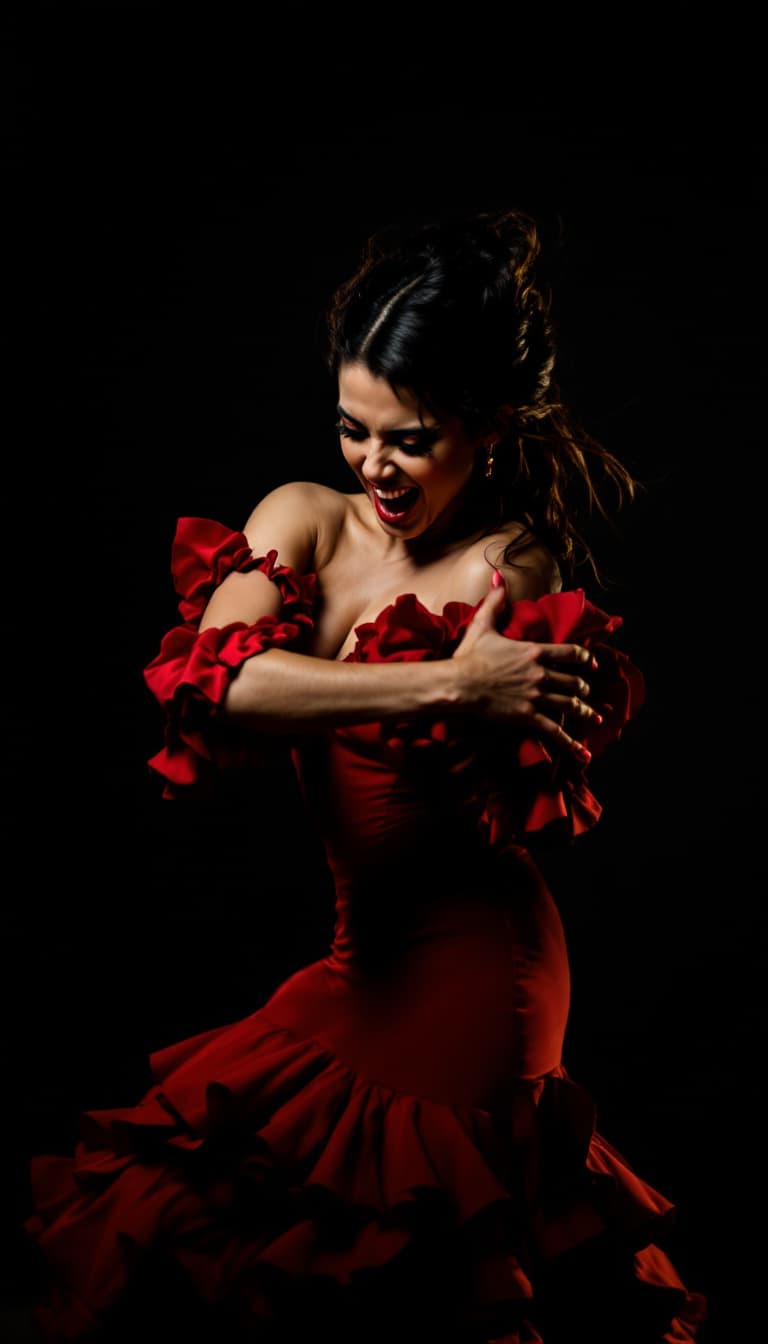 AI generated: A bold and expressive portrait of a passionate Spanish woman. She's caught mid-flamenco dance, her m...