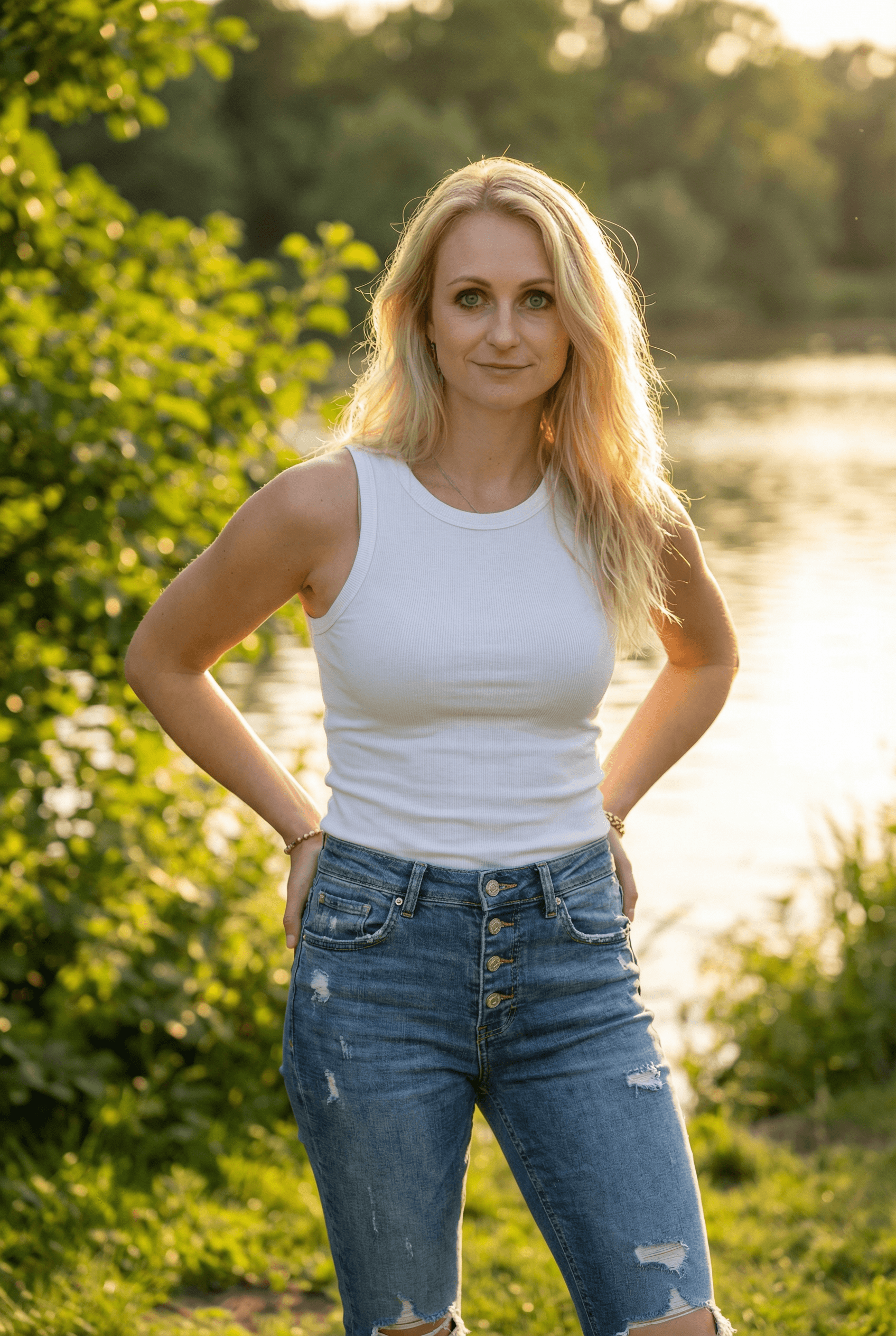 AI generated: A fit adult woman stands in a sunlit outdoor setting, facing the camera, her hands resting casually ...