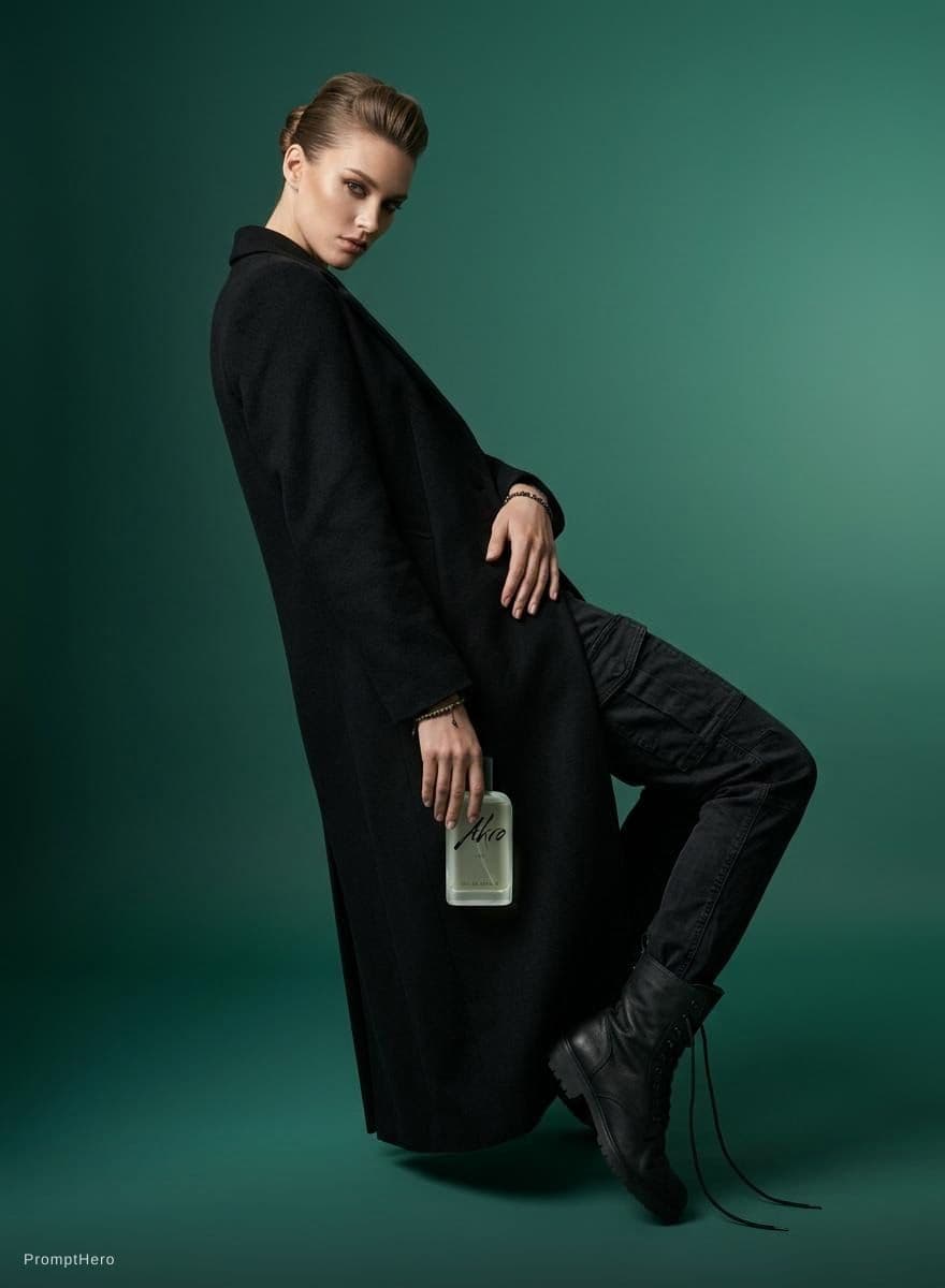 AI generated: photography, upper body, female model in dramatic side pose, leaning backwards at 15-degree angle, h...