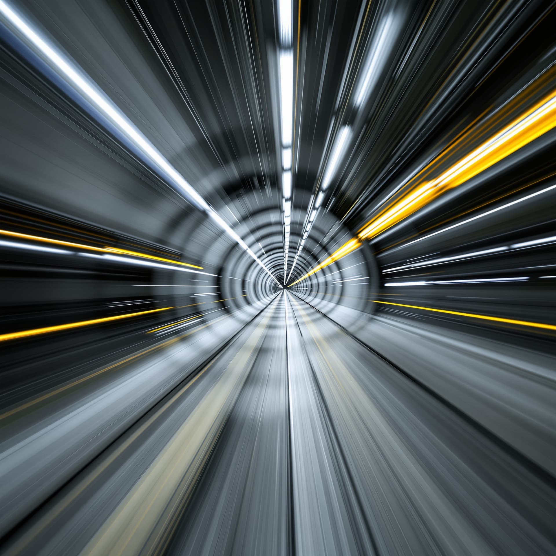 AI generated: futurerstic, bright tunnel, fluchtpunkt, white, bright moving lights, long exposure, speed, dynamic,...