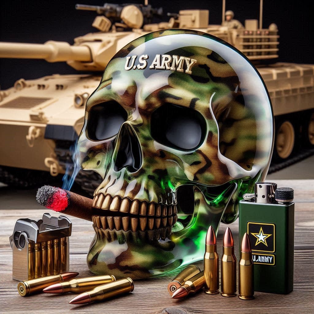 AI generated: ultra realistic, 35mm, large 3D camouflaged Crystal Skull, add the U.S. Army logo on it, surrounded ...